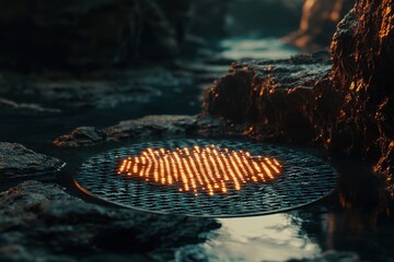 Poster - glowing technological platform in a natural stream environment, blending futuristic technology with 