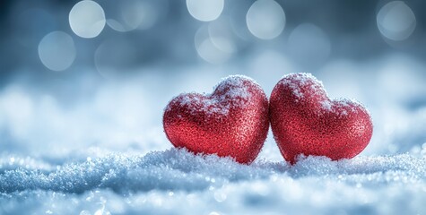 Aufkleber - Two red hearts resting on snowy surface with bokeh background