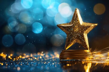 Poster - A radiant gold star trophy gleams against a blurred blue bokeh background, symbolizing achievement, success, and excellence, creating a festive atmosphere.