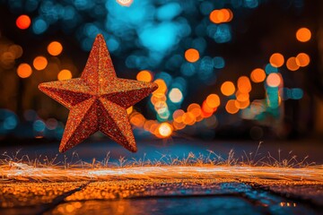 Poster - A vibrant orange star hovers above a surface illuminated by dazzling sparks and bokeh lights, creating a festive and magical Christmas or New Year's scene.