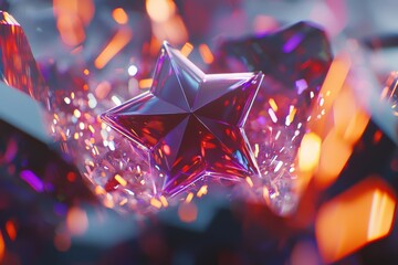 Poster - A multifaceted, gemstone-like star bursts with color and sparkle amidst a shower of glittering confetti, creating a mesmerizing and festive abstract background.
