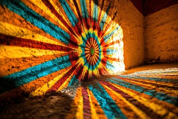 Poster - A vibrant colorful pattern of concentric circles and radiating lines adorns an interior wall, casting a light onto the rough texture of the room and its floor.