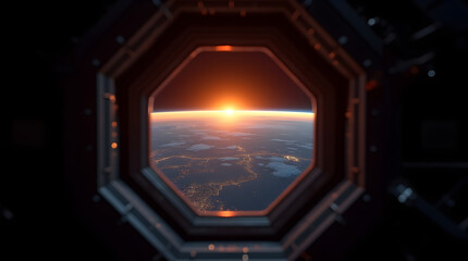 Wall Mural - Spectacular Earth Sunrise View from Spaceship Window Breathtaking Space Station Observation of Planet Earth Horizon City Lights at Dawn from Outer Space Cosmos