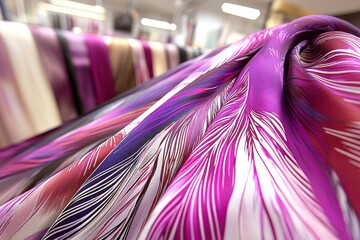 Poster - Close up view of vibrant silk scarves with abstract feather design in shades of pink, purple and white, creating a luxurious and artistic display in a store.