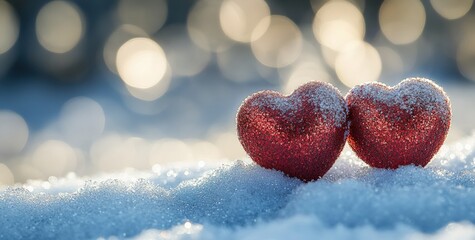 Aufkleber - Two red hearts resting on snow with bokeh background