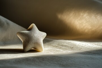 Poster - A decorative star-shaped object with intricate patterns bathed in soft light, casting gentle shadows on a textured background, creating a serene atmosphere.