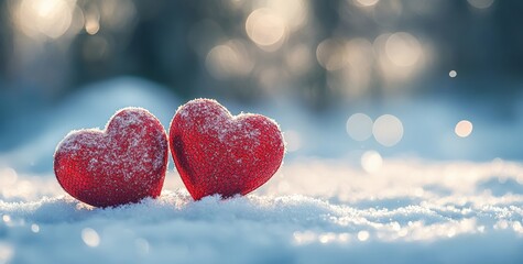 Aufkleber - Two red hearts resting on snow creating a romantic winter scene
