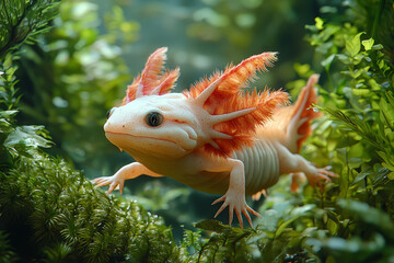 Wall Mural - a axolotl floating in a freshwater aquarium with feathery gills extended. concept of neoteny and sci