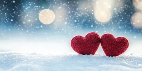 Aufkleber - Two red hearts resting on snow during a winter snowfall