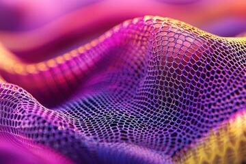 A mesmerizing close-up of a wavy, net-like fabric in shades of pink, purple, and yellow, creating an abstract and textured background with dynamic lighting.
