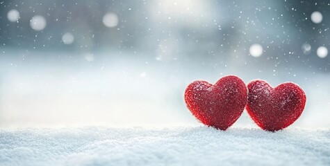 Aufkleber - Two red hearts resting on snow during a gentle snowfall