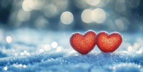 Aufkleber - Two red hearts showing love in winter wonderland with bokeh effect