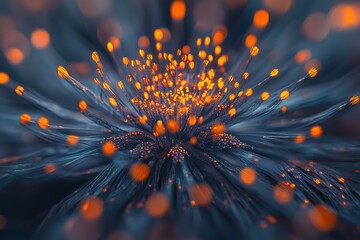 Aufkleber - Abstract floral burst with glowing orange accents on a blue background, creating a dynamic and mesmerizing composition with soft focus and bokeh effects.