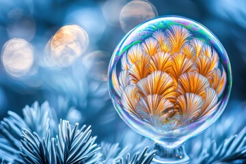 Poster - A mesmerizing close-up of a soap bubble reflecting an intricate golden floral pattern, set against a soft, dreamy blue background with bokeh highlights.