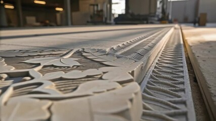 Aufkleber - Industrial machinery imprints a complex floral pattern onto a large concrete slab, enhancing its aesthetic appeal for architectural purposes