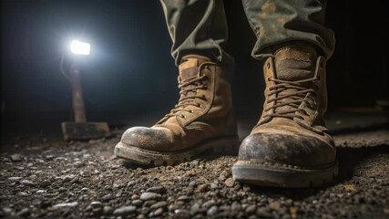 Aufkleber - Sturdy work boots resting on gravel near industrial tools, pickaxe and sledgehammer, dimly illuminated by work light casting dramatic shadows during nighttime construction site scene