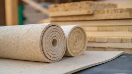 Aufkleber - Natural and sustainable construction materials like mineral wool insulation rolls and various wood panels are displayed on a surface within a house under construction
