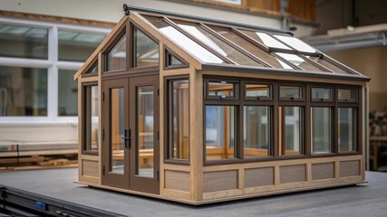 Fototapete - Wooden greenhouse with glass panels and ventilation windows rotates, showcasing its elegant design, brown door, and functionality, perfect for hobbyist gardeners or plant enthusiasts