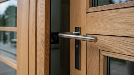 Aufkleber - Stylish wooden double door with a stainless steel handle is being opened, showcasing modern design and functionality in a residential setting