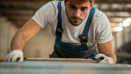 Aufkleber - Focused construction worker carefully inspecting metal sheet on workbench, wearing gloves and safety helmet, ensuring quality during manufacturing process