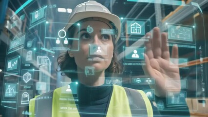 Aufkleber - Warehouse worker wearing ar headset interacting with futuristic interface, managing logistics and monitoring operations in a technologically advanced storage facility