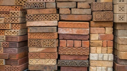Aufkleber - Different types of bricks, featuring various patterns, textures, and colors, are neatly arranged and stacked, creating a visually appealing display of building materials