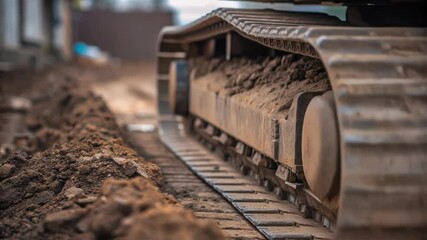Aufkleber - Continuous track of heavy excavator navigating dirt road at bustling construction site, passing large mound of excavated earth during infrastructure development work