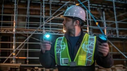 Aufkleber - Construction worker wearing safety helmet and vest uses augmented reality controllers on a construction site at night, interacting with holographic projections