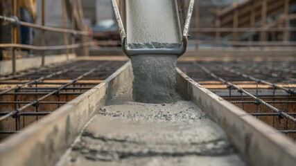 Poster - Liquid concrete cascading from chute into metal formwork, forming foundational structure at active construction site with precision engineering and construction workflow