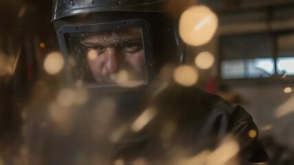 Aufkleber - Skilled metalworker wearing safety equipment operating precision grinding machine, generating intense sparks while working diligently inside industrial workshop environment