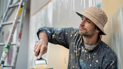Poster - Professional house painter carefully dipping wide brush into paint can, looking upwards while contemplating precise painting strategy for interior home renovation project