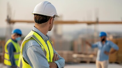 Aufkleber - Construction manager wearing protective safety gear confidently overseeing workplace operations. Standing with arms crossed and displaying professional leadership at active building development site