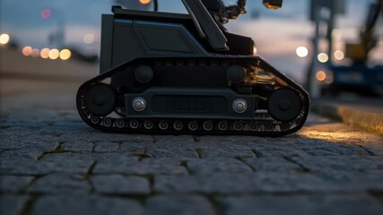 Aufkleber - Autonomous surveillance robot traversing urban pavement on tracks, navigating twilight environment with advanced cameras and sensors for security monitoring