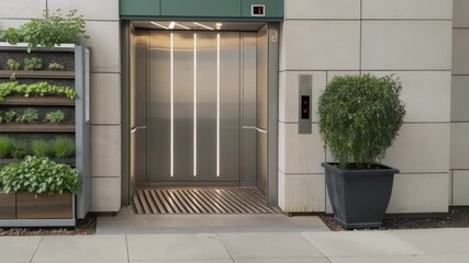 Poster - Stainless steel elevator doors open and close smoothly, revealing a modern interior, next to a vibrant vertical garden adding a touch of nature to urban architecture