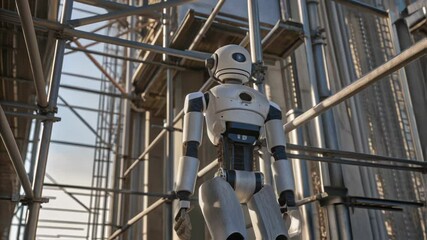 Aufkleber - Humanoid robotic system moving through intricate metal scaffolding, showcasing advanced technological integration within complex construction industrial environment