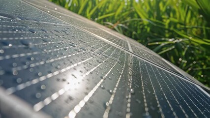 Poster - Solar panel glistening with raindrops in verdant field, reflecting sunlight and embodying sustainable energy production within natural landscape