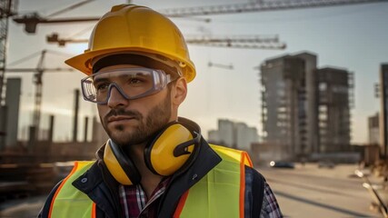 Aufkleber - Construction worker wearing protective gear standing confidently on building site at sunset, surveying industrial landscape with professional demeanor