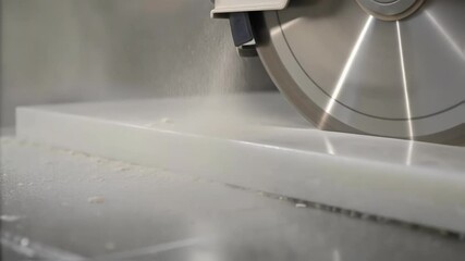 Aufkleber - Precision manufacturing process revealing white solid surface material being carefully cut by powerful circular saw, generating fine dust cloud in professional workshop setting