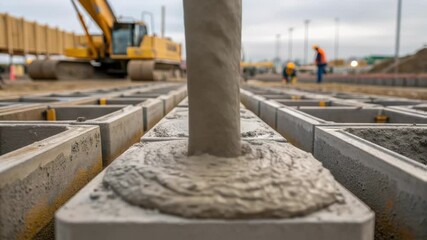Poster - Wet concrete streaming from industrial pump truck, gradually filling precast concrete forms at active construction site with precise engineering and infrastructure development