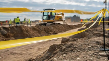 Aufkleber - Yellow caution tape flaps in the wind in front of an excavator digging a trench on a construction site, with construction workers in the background