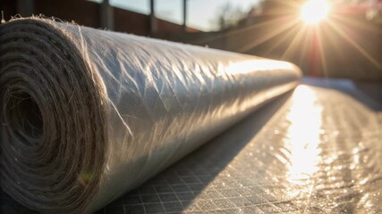 Poster - Translucent material roll enveloped in natural burlap resting on cutting surface, catching warm sunset light with glittering reflections and golden highlights