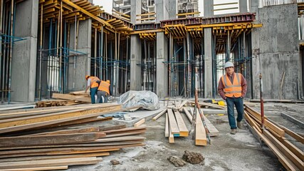 Aufkleber - Construction engineer wearing safety helmet and high visibility vest uses binoculars, observing progress on building site with colleagues working in background