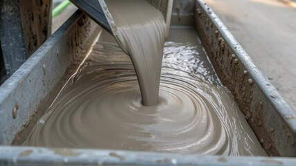 Poster - Wet concrete cascading from metal chute into formwork, generating dynamic circular swirls and textured ripples across viscous surface during construction process