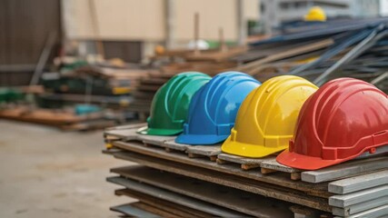 Poster - Four colorful hard hats, symbolizing teamwork and safety, sit on wooden planks at a construction site, with blurred background suggesting ongoing work