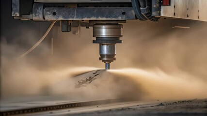 Aufkleber - Precision industrial cnc milling machine cutting wooden workpiece, generating swirling dust clouds while demonstrating advanced woodworking manufacturing technology