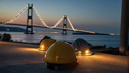 Aufkleber - Two hard hats, equipped with lights, rest on the concrete surface of the nearly completed bridge, illuminated against the backdrop of the darkening sky