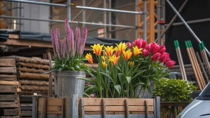 Poster - Yellow and pink tulips with purple blossoms contrasting against urban construction site, highlighting nature's vibrant beauty within industrial environment