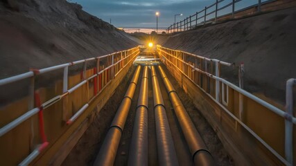 Aufkleber - Multiple pipelines are being installed underground in a trench at dusk, illuminated by a work light, with safety barriers and a fence in the background