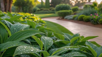 Aufkleber - Glistening water droplets adorning lush green leaves, revealing morning freshness within meticulously maintained garden landscape featuring winding pathway and manicured hedges