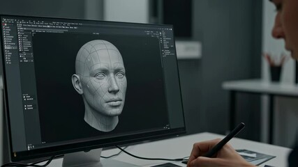 Fototapete - Person 3D Modeling with Graphic Tablet. Caucasian Man Creating a Digital Human Head. Designer Working On a Project Motion Picture. Visualisation Footage